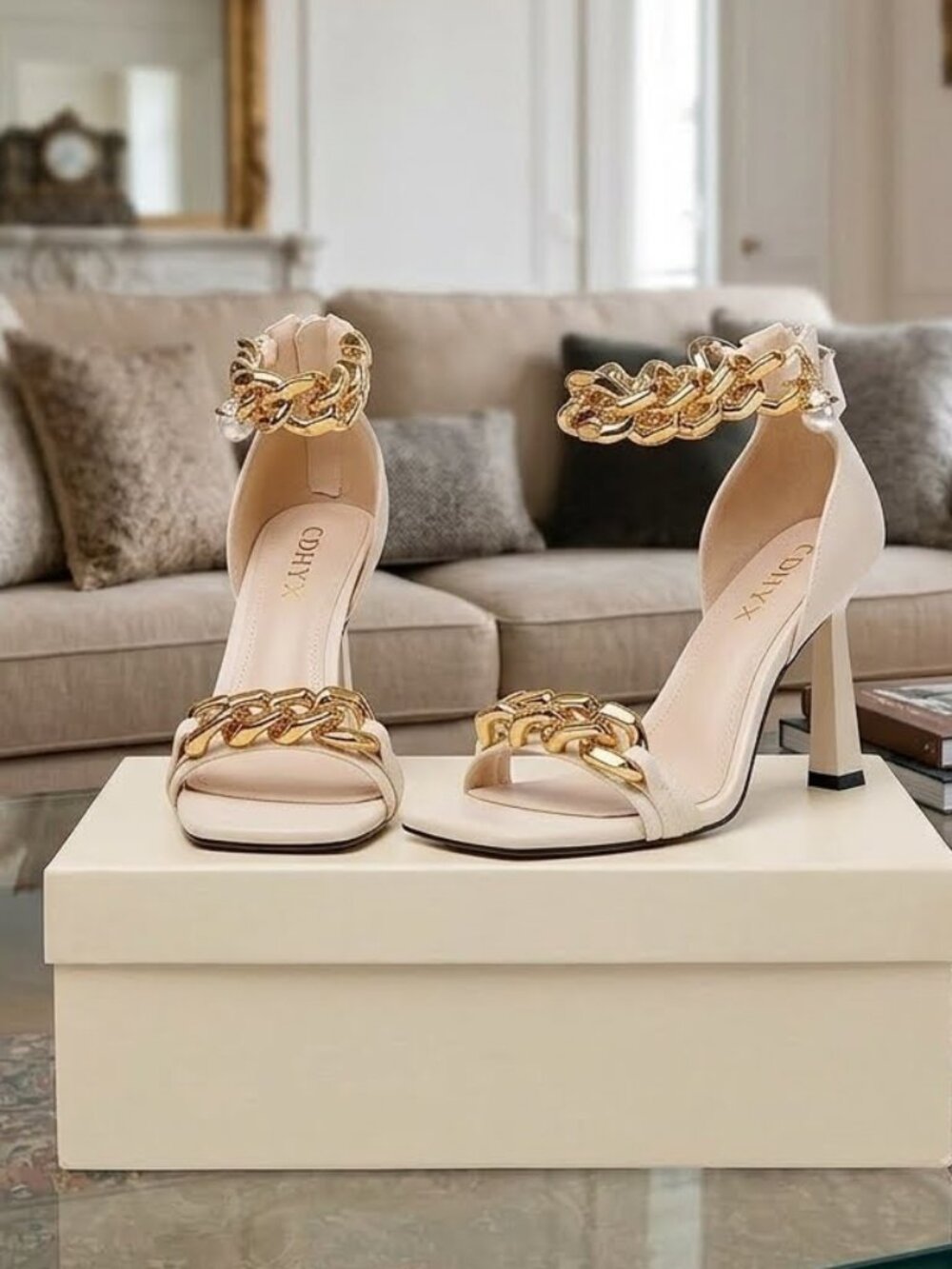 Nude Square Open Toe Chain Stiletto Heels Party Sandals